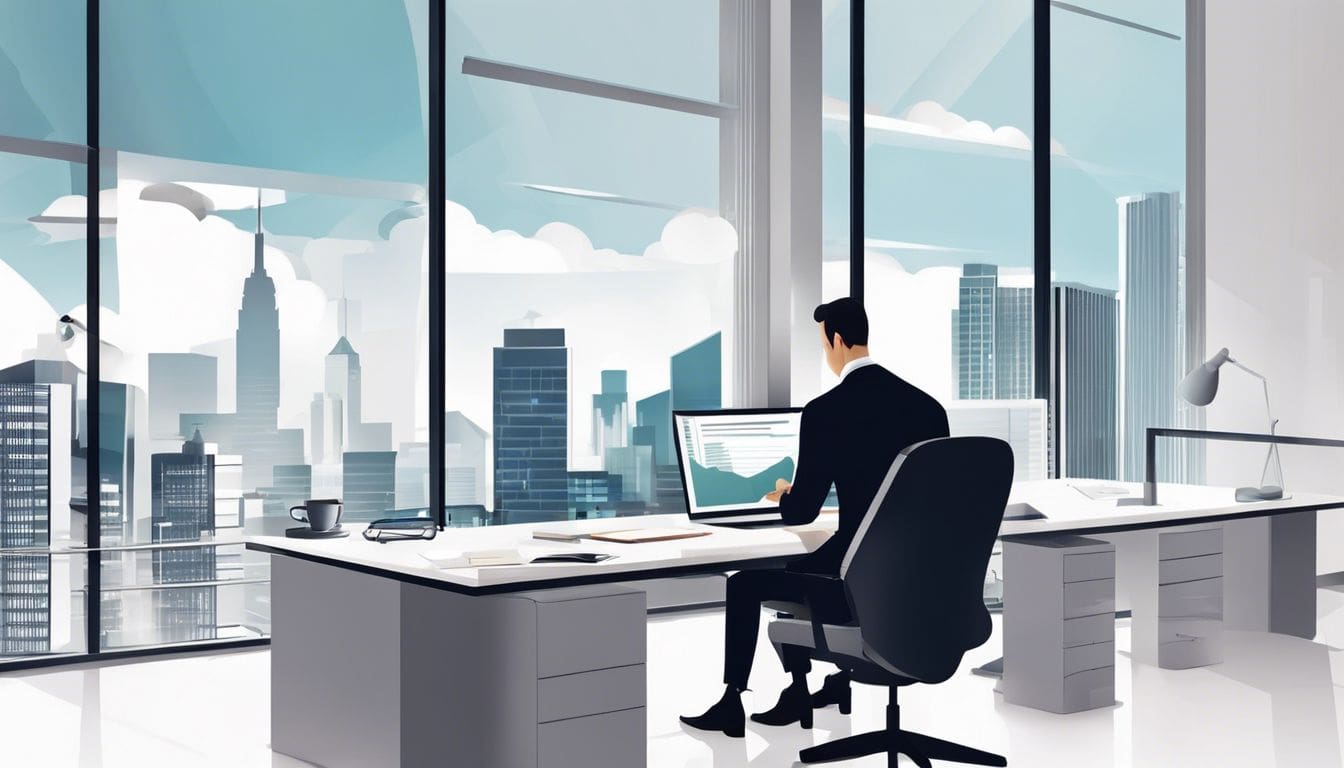 Een zakelijke eigenaar werkt aan financiën in een moderne kantooromgeving met stadsgezicht.