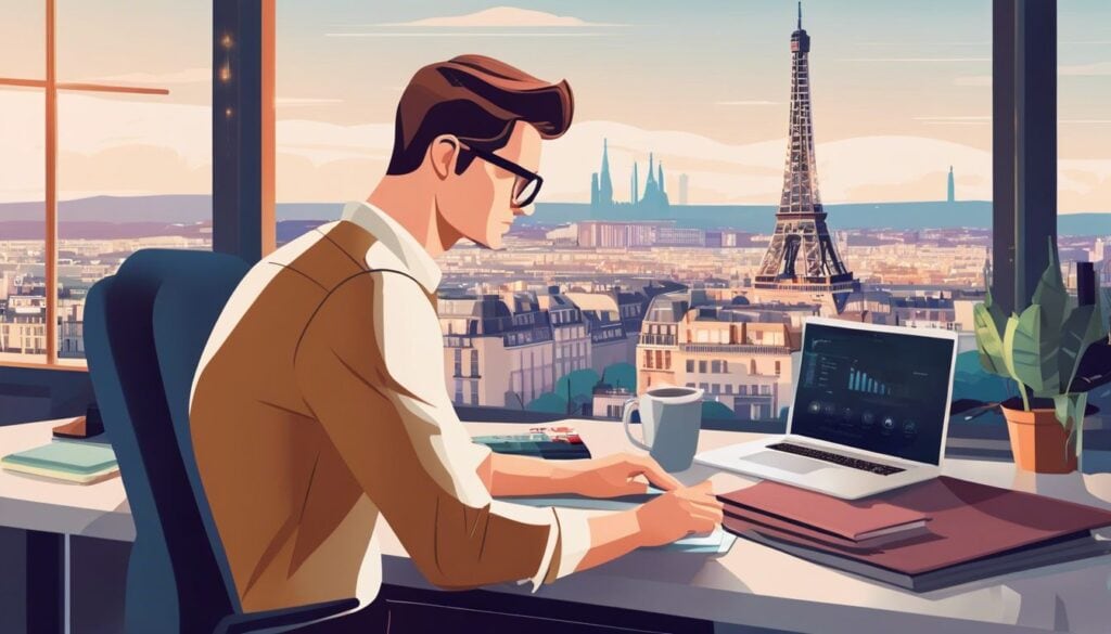 Een zakeneigenaar bekijkt boekhoudsoftware in een kantoor in Parijs met uitzicht op de stad en de Eiffeltoren.