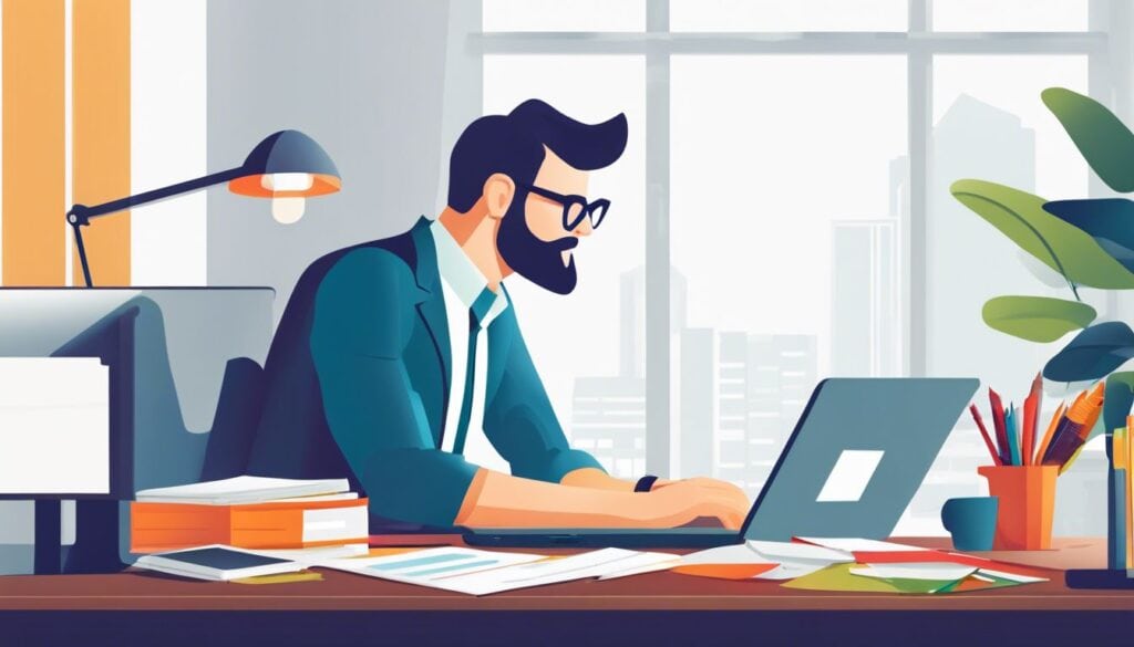 Een freelance accountant werkt op een opgeruimd bureau met een laptop en kleurrijke financiële documenten.