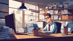 Een drukke zakelijke eigenaar werkt in een rommelig kantoor met een laptop.