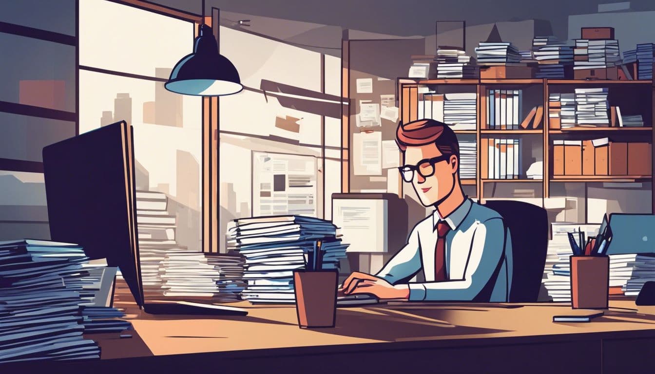 Een drukke zakelijke eigenaar werkt in een rommelig kantoor met een laptop.