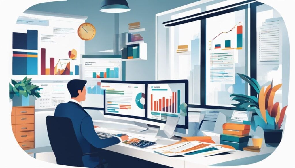 Een ondernemer werkt aan zijn drukke bureau met financiële documenten en grafieken.