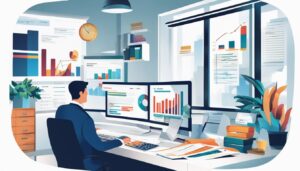 Een ondernemer werkt aan zijn drukke bureau met financiële documenten en grafieken.