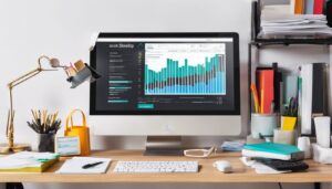 Een opgeruimd kantoor met boekhoudsoftware, schoonmaakspullen en kantoorfotografie.