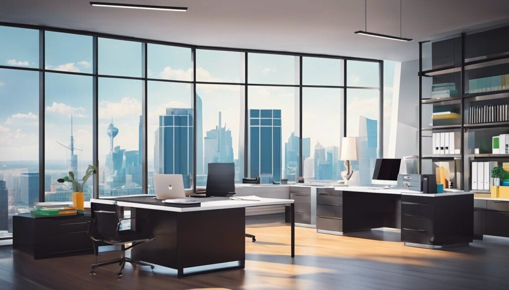 Een strak georganiseerd kantoor met financiële documenten, omringd door een moderne stad.