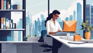 Een zelfverzekerde zakelijke eigenaar gebruikt efficiënt boekhoudsoftware op een schone en georganiseerde werkplek.