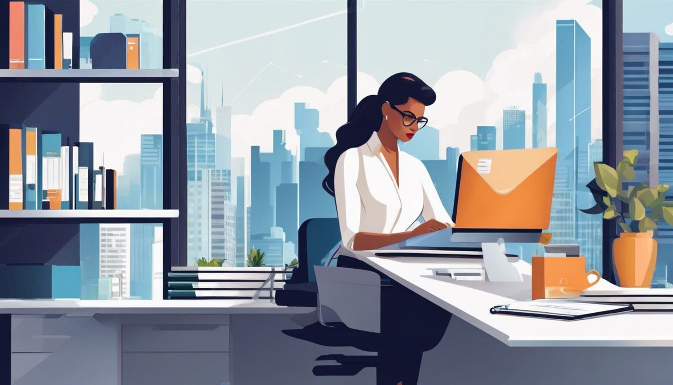 Een zelfverzekerde zakelijke eigenaar gebruikt efficiënt boekhoudsoftware op een schone en georganiseerde werkplek.