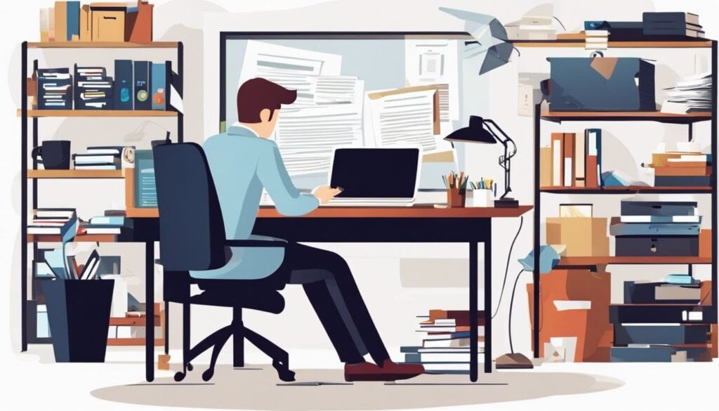 Een persoon zit aan een rommelig bureau met papierwerk en een computer.