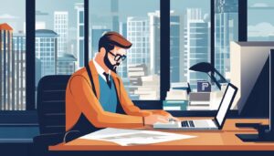 Een technicus werkt geconcentreerd in een modern kantooromgeving met laptop en financiële documenten.