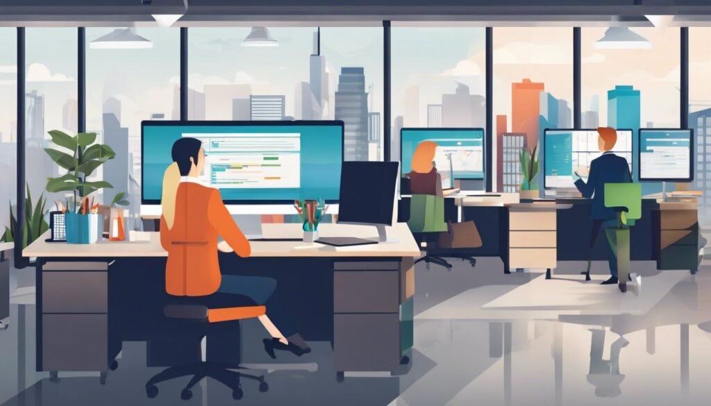 Een team van professionele maatschappelijk werkers werkt in een modern kantoor met de beste boekhoudsoftware.