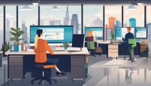 Een team van professionele maatschappelijk werkers werkt in een modern kantoor met de beste boekhoudsoftware.