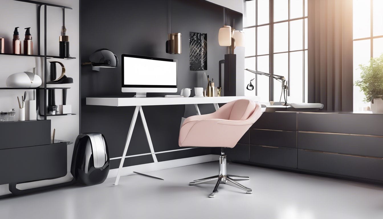 Een stijlvol paar salon scharen en een strakke computer op een nette salon bureau, benadrukken de moderne en professionele gereedschappen van een salon werkruimte, schone en minimalistische omgeving, een gevoel van precisie en verfijning.