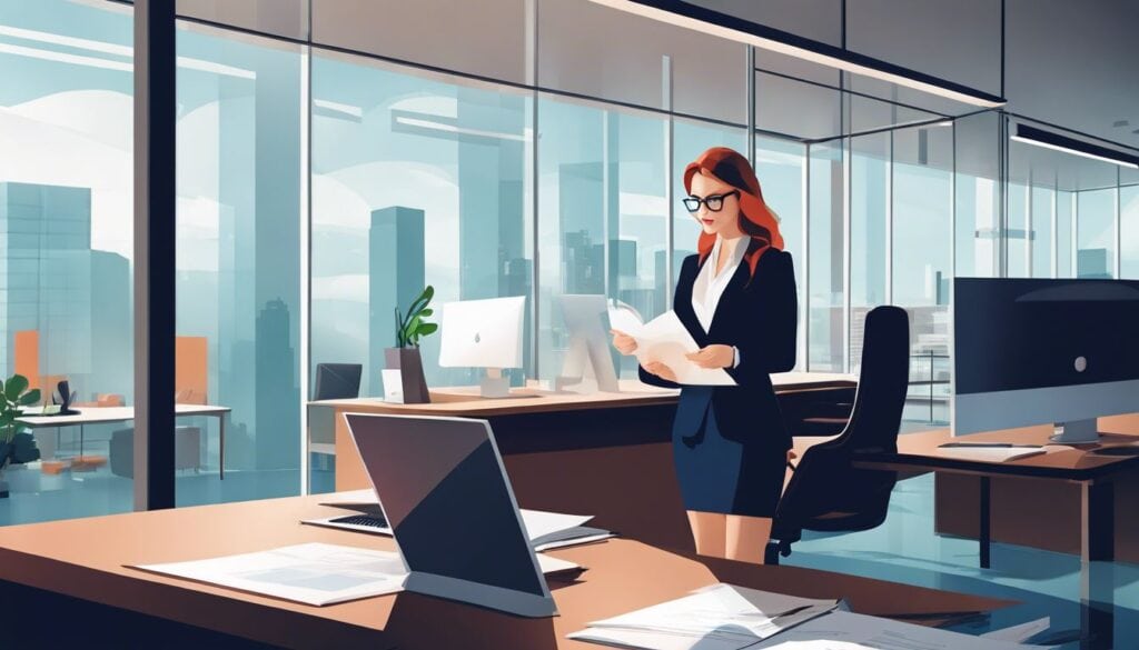 Een professionele vrouw bekijkt financiële gegevens in een modern kantoor.