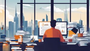 Een persoon werkt gestrest aan boekhoudsoftware te midden van stapels papierwerk.