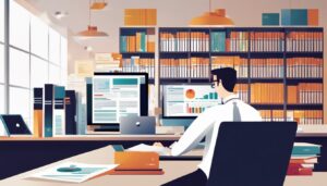 Een financiële professional werkt aan een bureau met bankafschriften en een laptop, omringd door collega's in een druk kantoor.