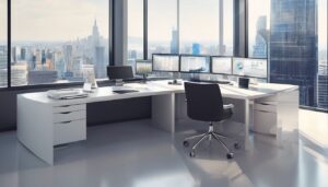 Een moderne kantoorruimte met een strakke Mac computer en financiële software.