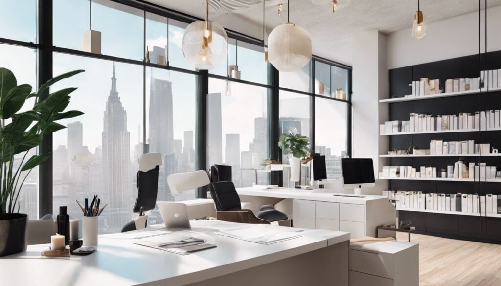 De eigenaar van een schoonheidssalon gebruikt het Melissa-boekhoudprogramma op haar bureau, met uitzicht op een stadsgezicht, wat haar focus en toewijding aan haar bedrijf benadrukt, met een modern interieur en professionele sfeer.