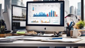 Een moderne kantoorwerkplek met een computer, financiële documenten en stadsgezichten.