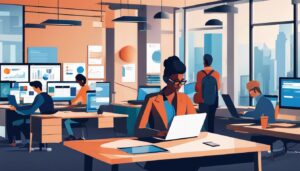 Een persoon werkt op een laptop met de Dynamics 365 interface in een modern kantoor.