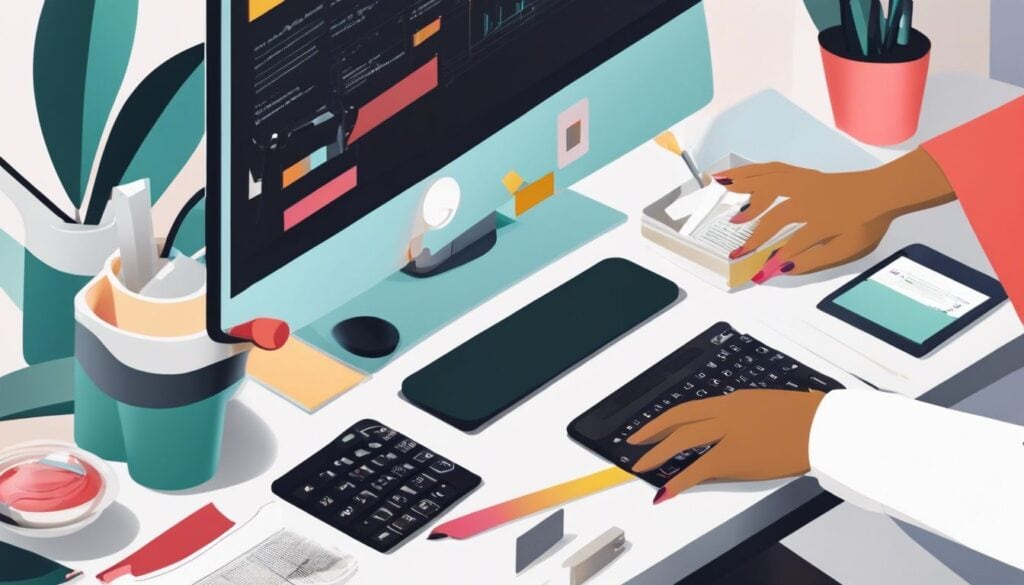 Een manicure werkt met georganiseerde boekhoudsoftware op een schone werkplek.