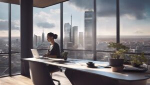 Persoon gebruikt Odoo software op laptop in modern kantoor met stadsuitzicht.