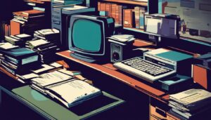 Een persoon zit aan een bureau omgeven door oude computerapparatuur en papierwerk.