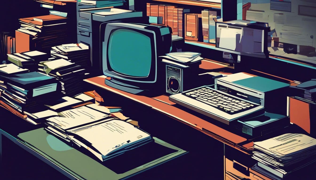 Een persoon zit aan een bureau omgeven door oude computerapparatuur en papierwerk.