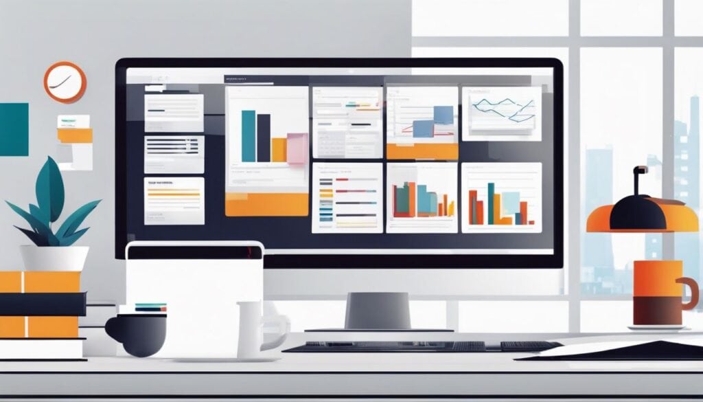 Een bureau met een computer, koffie, en stadsgezichtfoto.