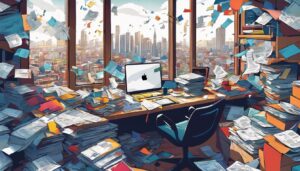 Een persoon zit aan een rommelig bureau met uitzicht op de stad.