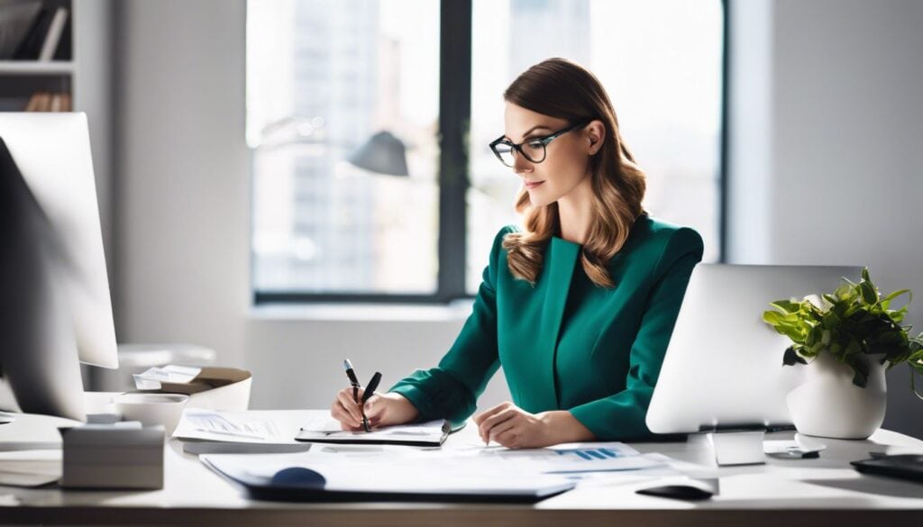 Een vrouwelijke ondernemer gebruikt ProAcc-software in een schone kantooromgeving.