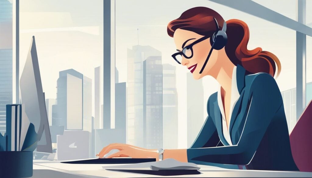 Een zakenvrouw glimlacht terwijl ze Regiobank online bankieren gebruikt in een moderne kantooromgeving.