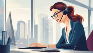 Een zakenvrouw glimlacht terwijl ze Regiobank online bankieren gebruikt in een moderne kantooromgeving.