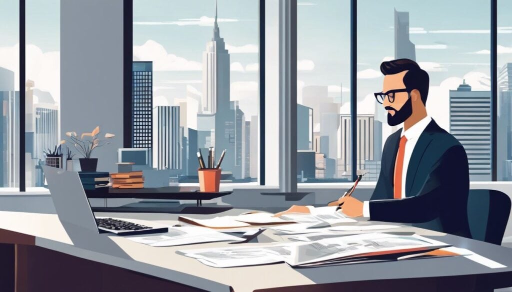 Een professionele accountant analyseert financiën in een modern kantoor.