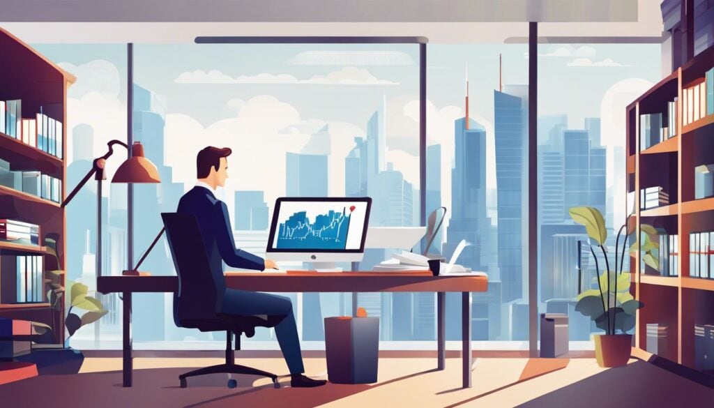 Een accountant verwerkt internationale betalingen op kantoor met stadsgezicht.