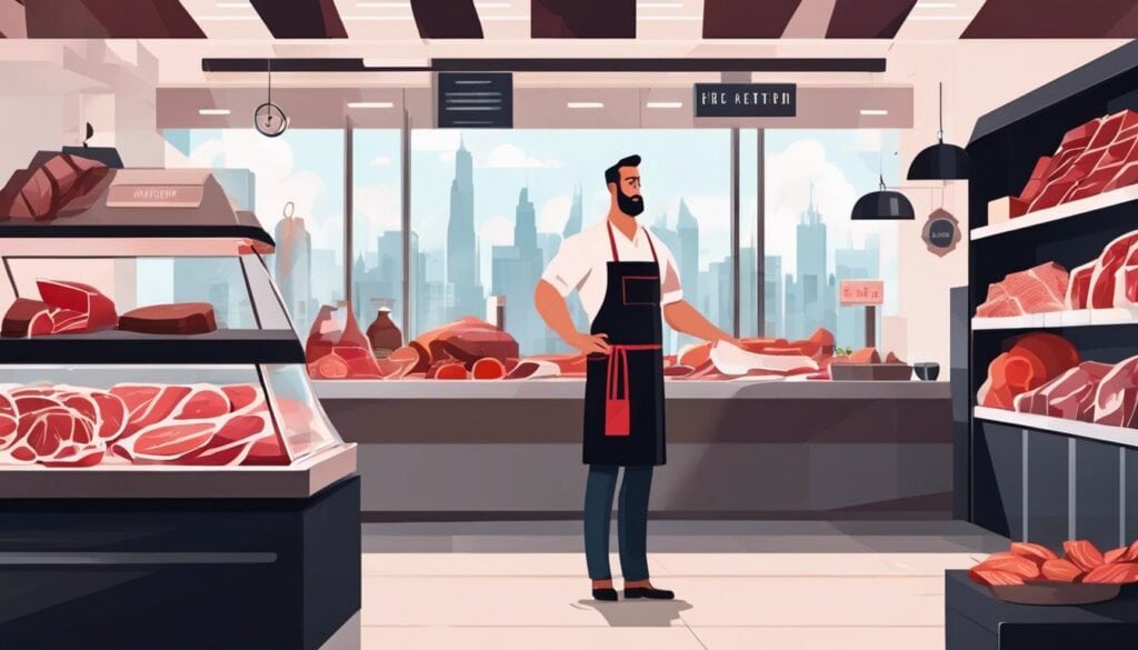 Een zelfverzekerde slager staat achter de toonbank van een moderne slagerij, omringd door netjes gerangschikte vleesstukken en producten.