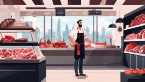 Een zelfverzekerde slager staat achter de toonbank van een moderne slagerij, omringd door netjes gerangschikte vleesstukken en producten.