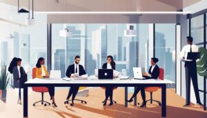 Een groep professionals bespreekt financiële documenten in een moderne kantooromgeving.