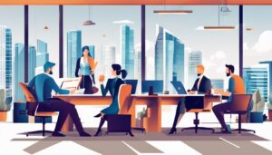 Een groep sportclubleden bespreekt financiën in een moderne kantooromgeving.