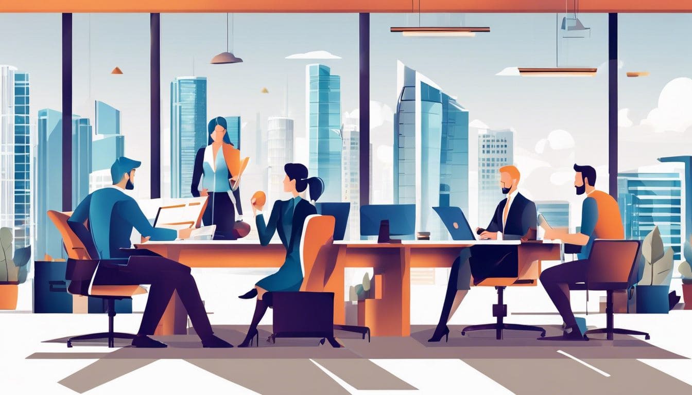 Een groep sportclubleden bespreekt financiën in een moderne kantooromgeving.