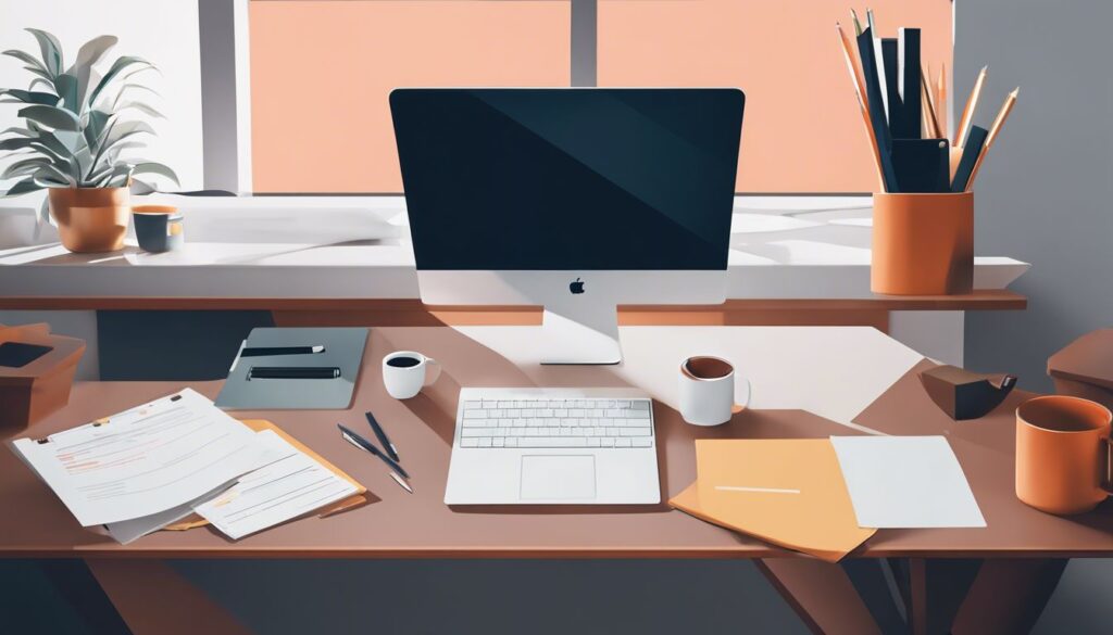 Een modern bureau met een laptop en papierwerk in een minimalistisch kantoor.