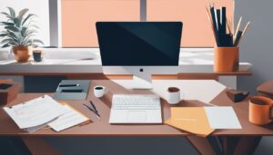 Een modern bureau met een laptop en papierwerk in een minimalistisch kantoor.