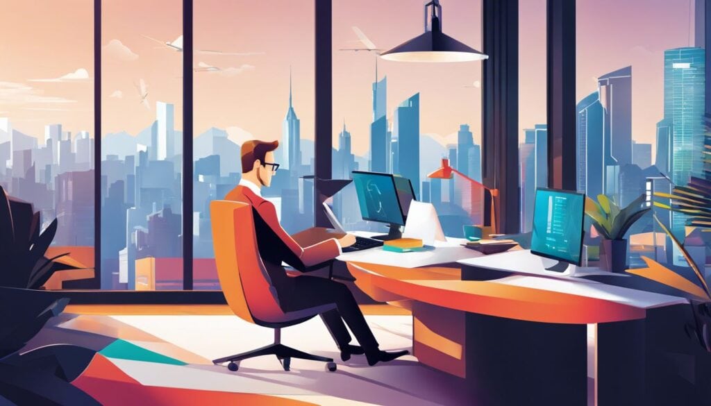 Een ondernemer ontwikkelt accounting software in een modern kantoor.