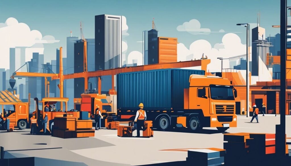 Een drukke haven met vrachtwagens, werknemers en vracht.
