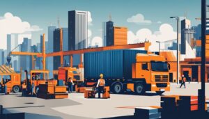 Een drukke haven met vrachtwagens, werknemers en vracht.