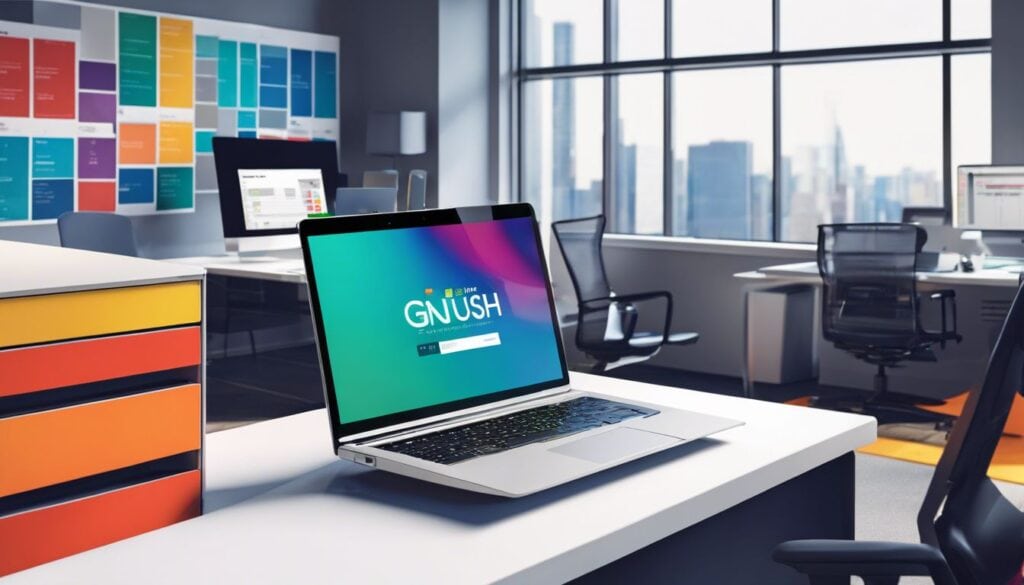 Een moderne kantooromgeving met een laptop en GnuCash-software.