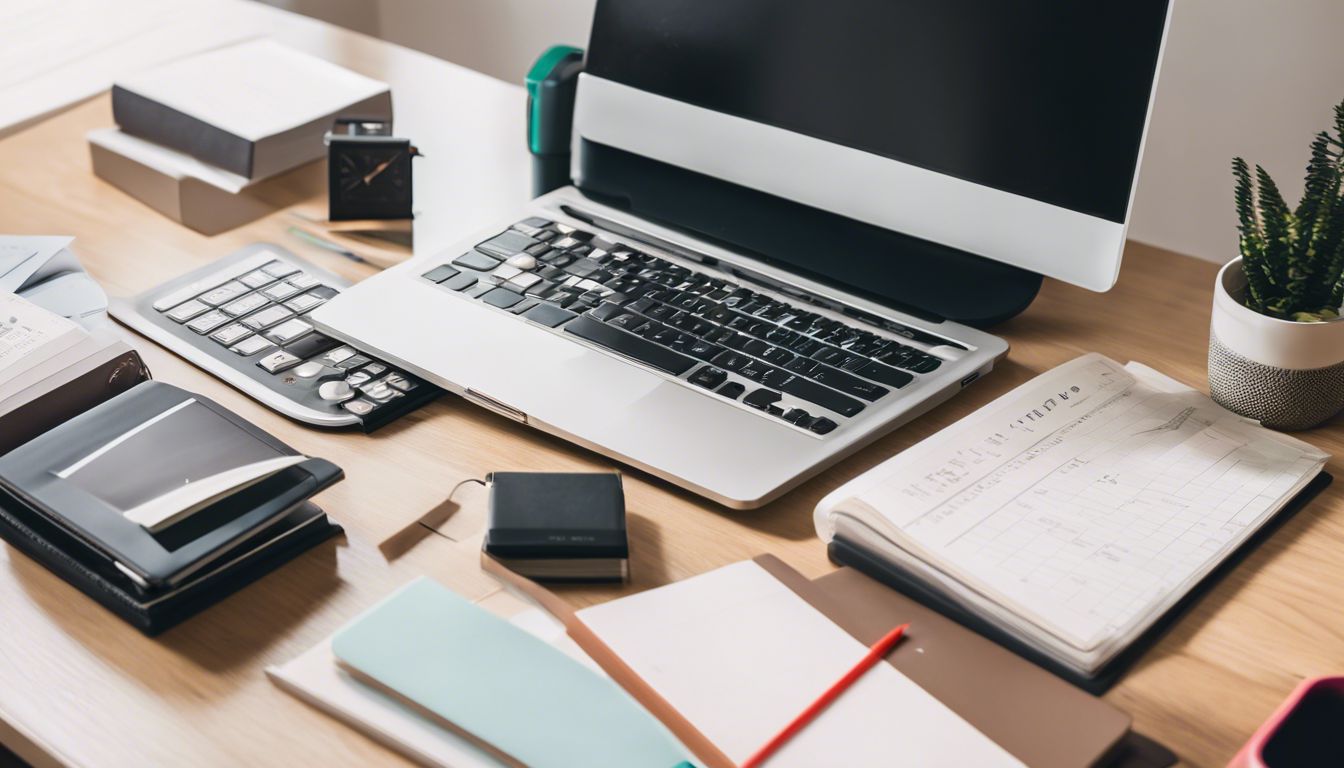 Een netjes georganiseerd bureau met een computer, rekenmachine en boekhoudkundige boeken in flat designstijl.