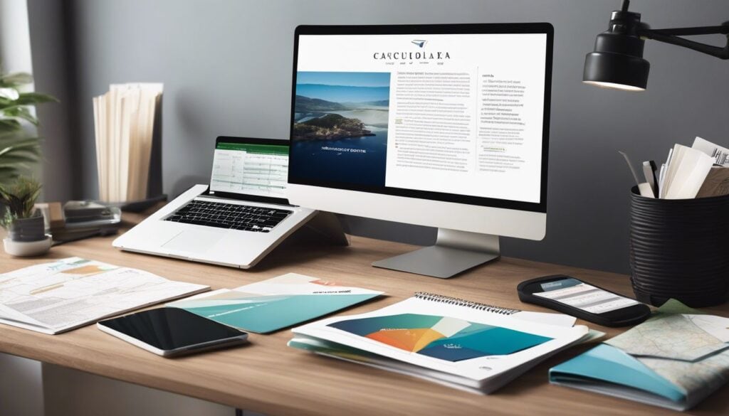 Een moderne laptop omringd door reisbrochures en een rekenmachine op een stijlvol bureau, benadrukt organisatie en productiviteit.