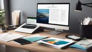 Een moderne laptop omringd door reisbrochures en een rekenmachine op een stijlvol bureau, benadrukt organisatie en productiviteit.