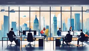 Een druk kantoor met geconcentreerde werknemers en efficiënte boekhoudsoftware.