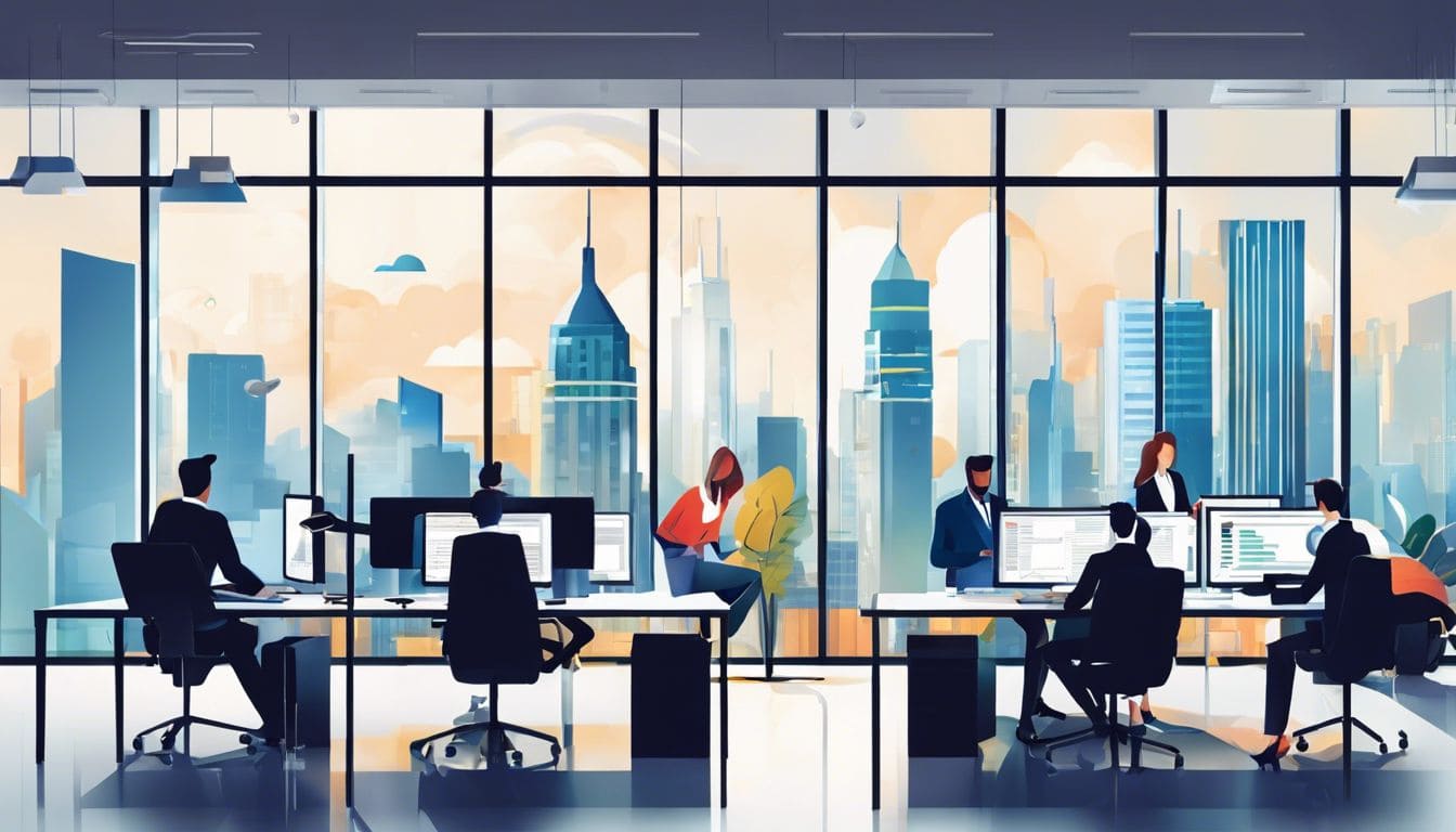 Een druk kantoor met geconcentreerde werknemers en efficiënte boekhoudsoftware.